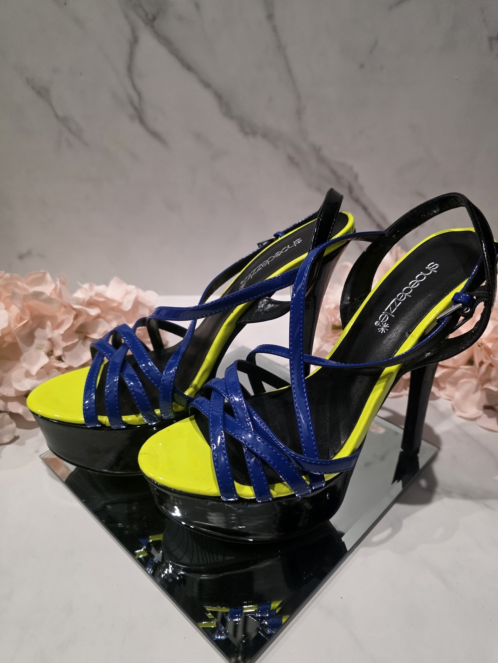 Shoe Dazzle - Neon Yellow and Royal Blue Strappy Platform Heels